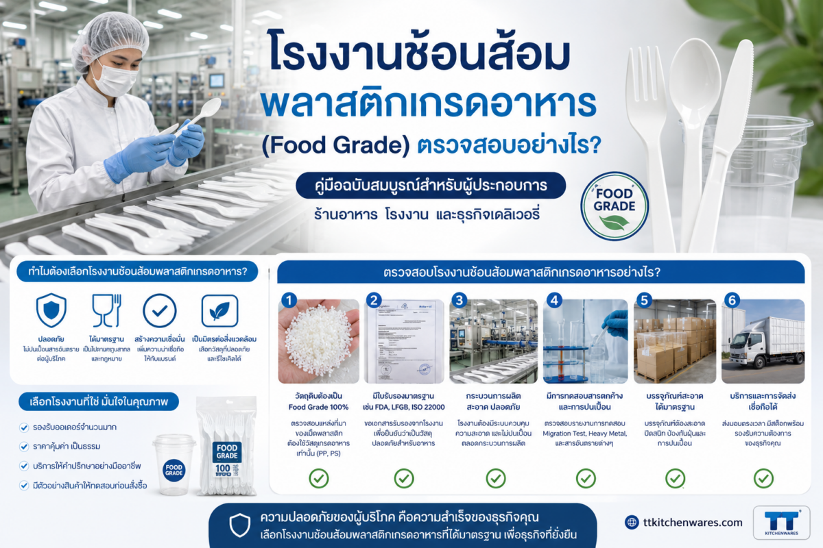 โรงงานช้อนส้อมพลาสติกเกรดอาหาร (Food Grade) ตรวจสอบอย่างไร? คู่มือฉบับสมบูรณ์สำหรับผู้ประกอบการร้านอาหาร โรงงาน และธุรกิจเดลิเวอรี่
